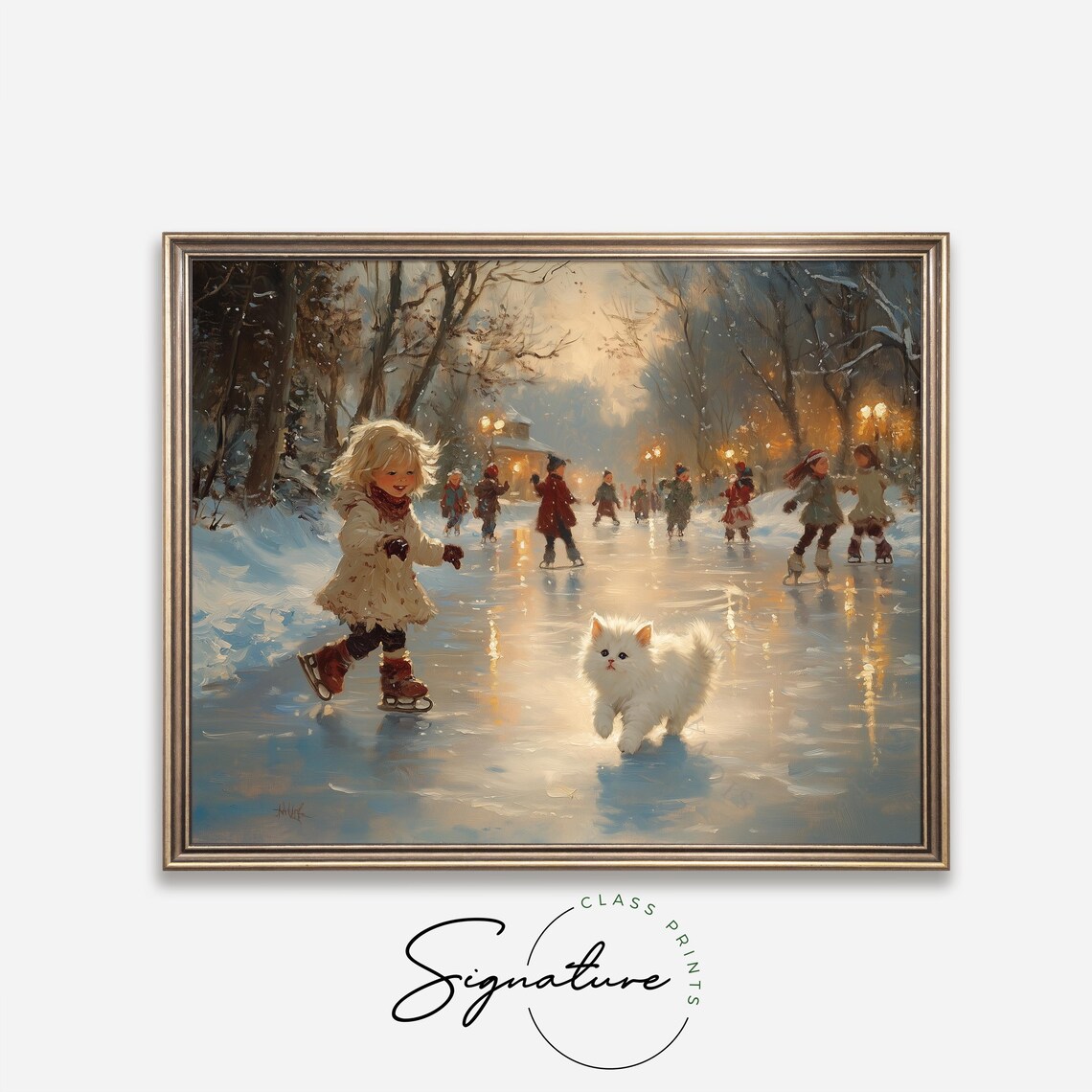 Little Girl Ice Skating With A White Kitten On A Frozen Pond Poster - Image 4