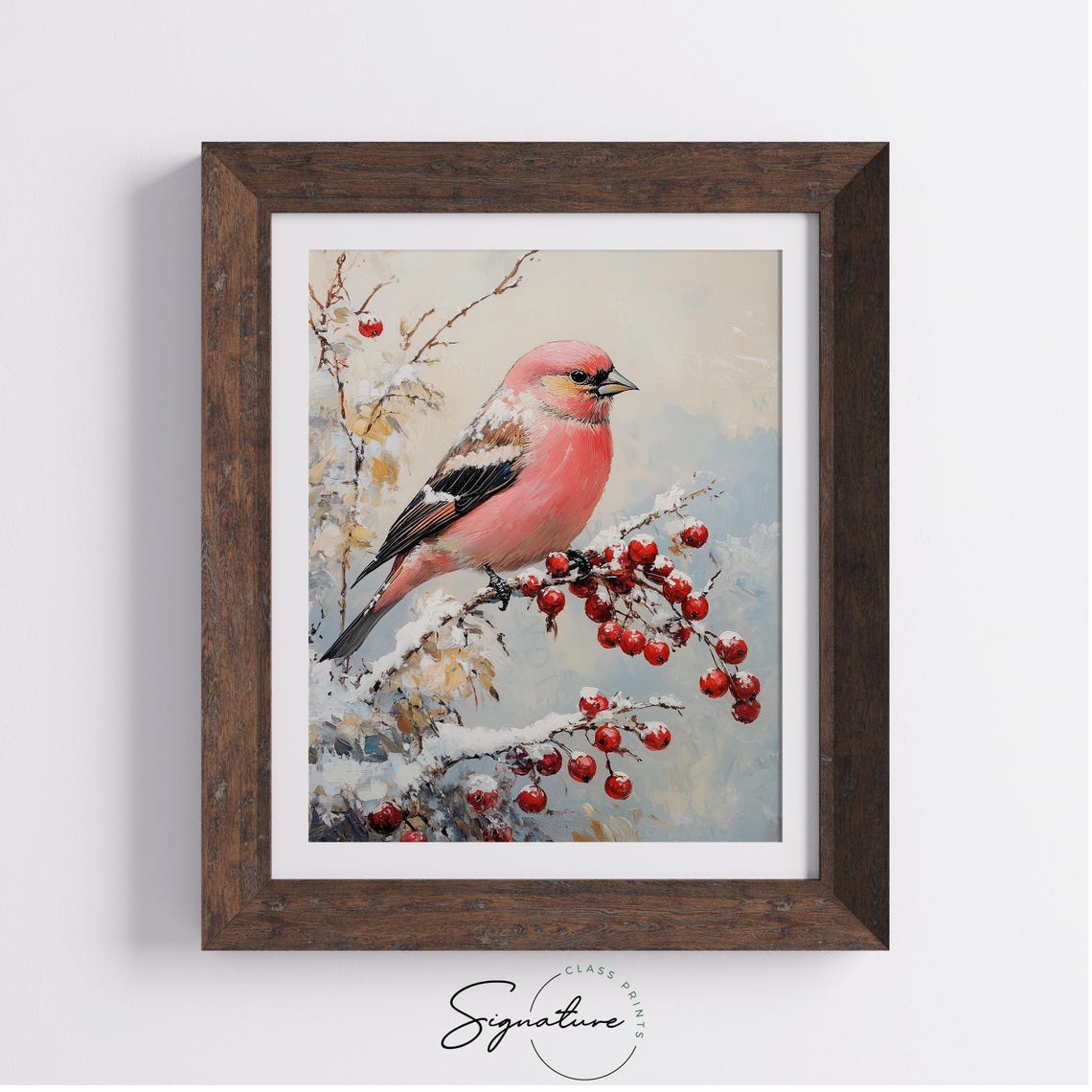 Pine Grosbeak On Snowy Berry Branch Rosy Winter Bird Art Poster - Image 2