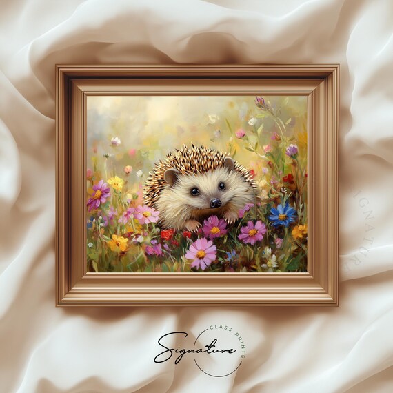 Cute Hedgehog In Wildflower Bed Spring Animal Painting Wall Art