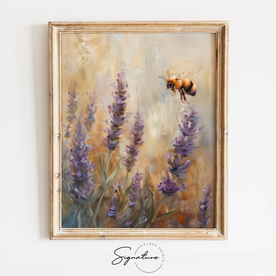 Buzzy Lavender Landing Bee On Flower Wall Art Nature Inspired Home Decor Insect Floral Art Whimsical Garden 458