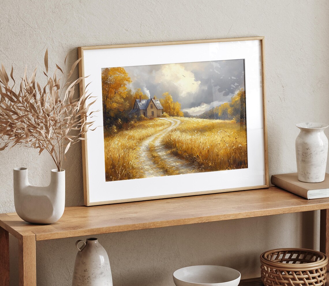 Country Farmhouse With Chimney Smoke Golden Grass Autumn Evening Poster - Image 4