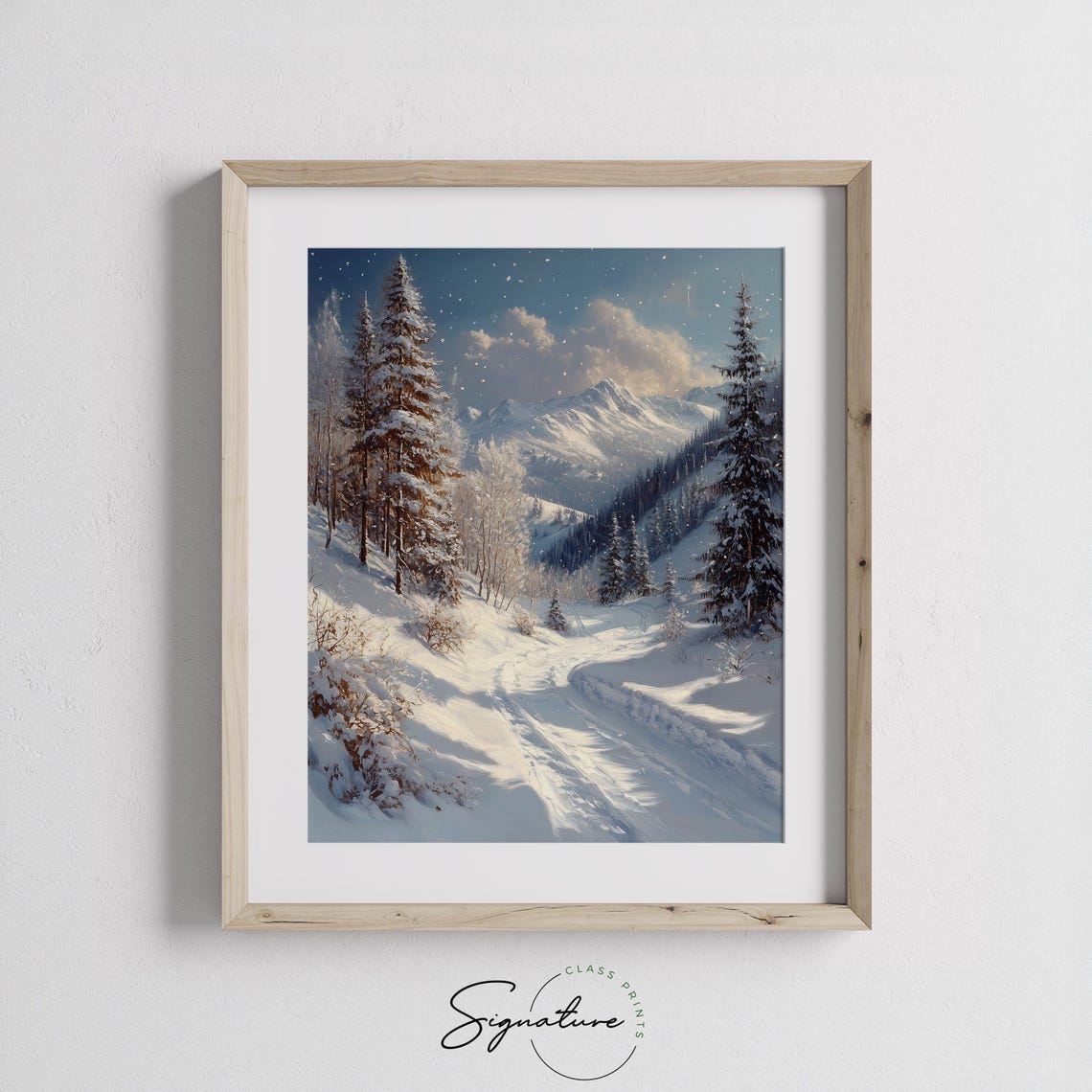 Sunlit Mountain Pass with Snow Laden Pines Winter Trail Poster - Image 2