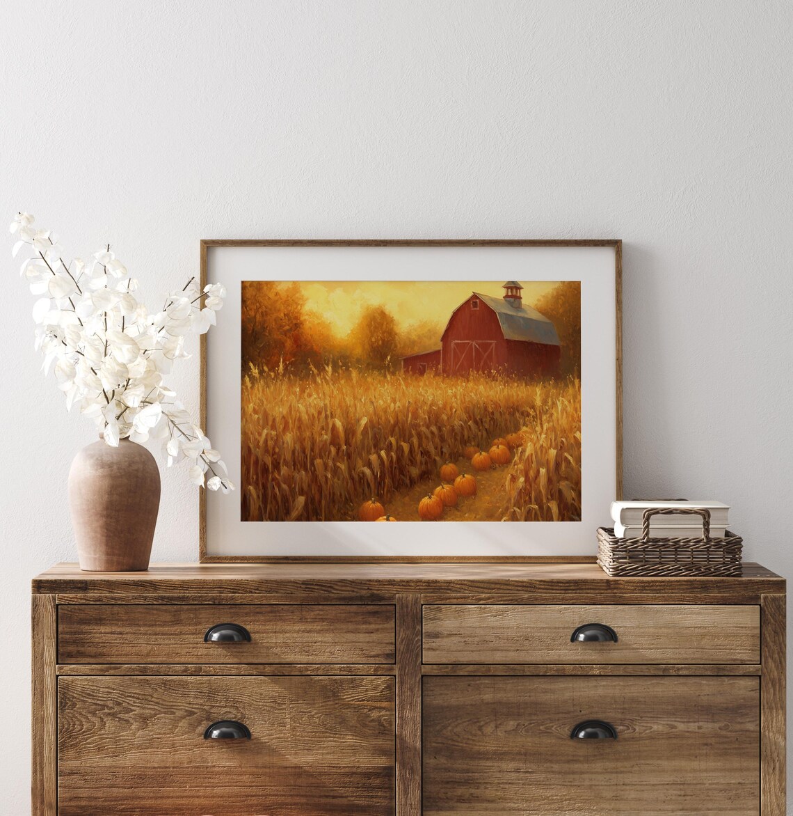 Red Barn Sunset Painting Golden Cornfield Pumpkins Autumn Fall Decor Poster - Image 3