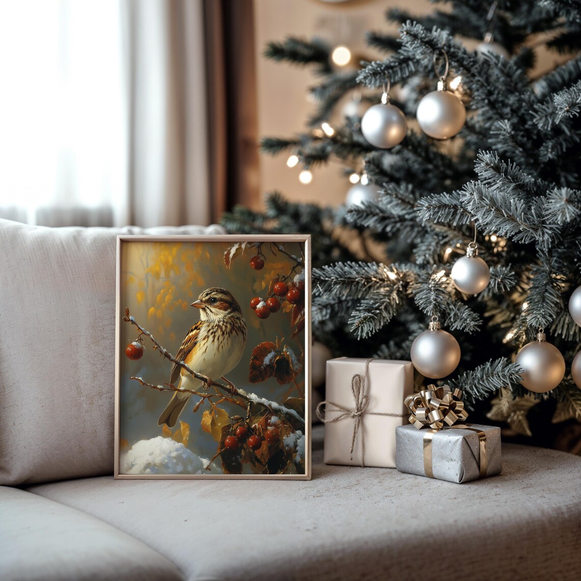 Sparrow on a Snowy Berry Branch With Golden Autumn Leaves Poster - Image 5