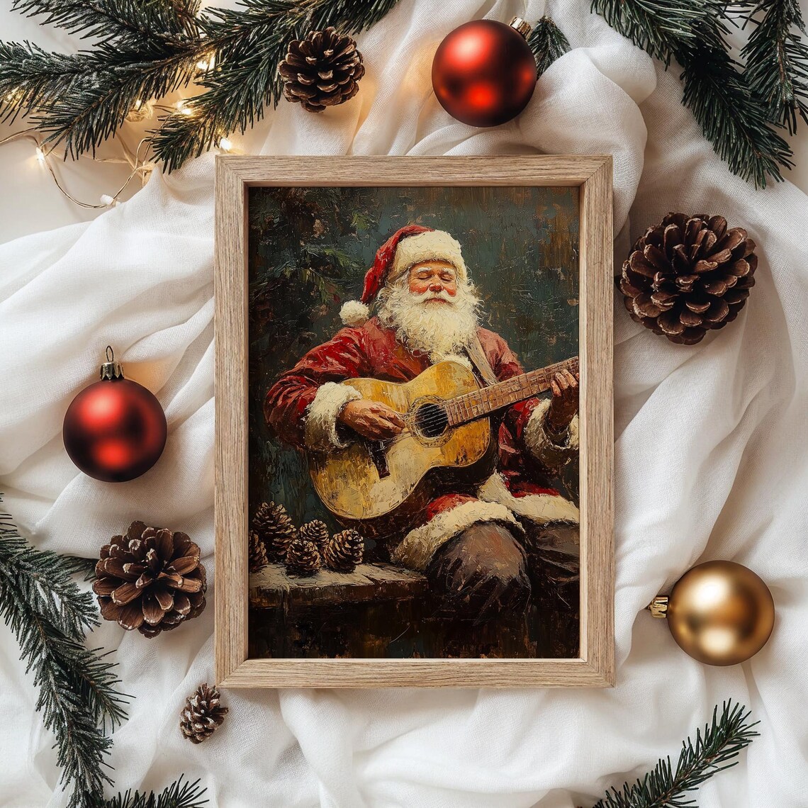 Santa Claus Playing Acoustic Guitar Christmas Oil Painting Print - Image 4
