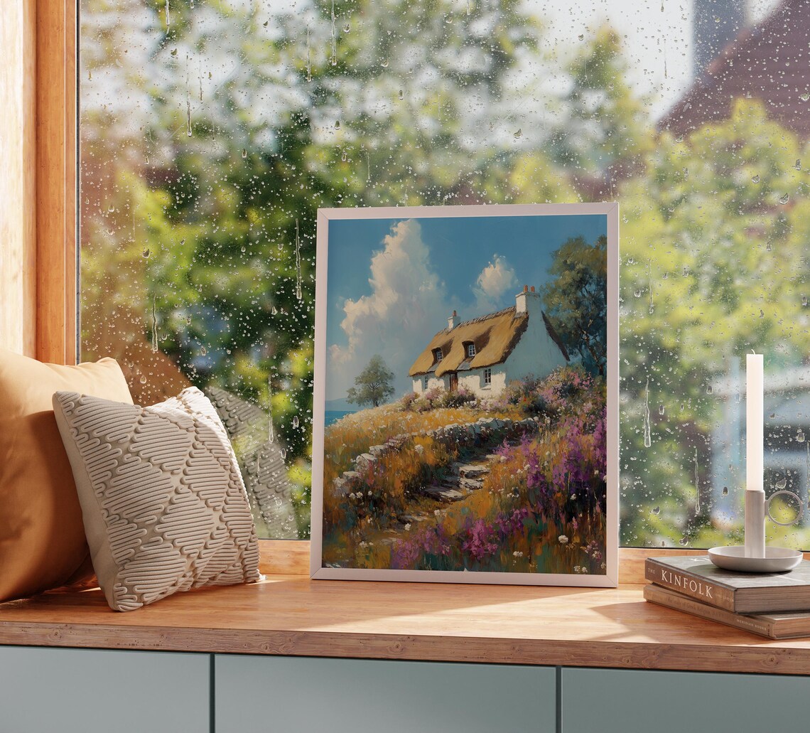 Thatched Roof Cottage in Wildflower Meadow Blue Sky Summer Poster - Image 2