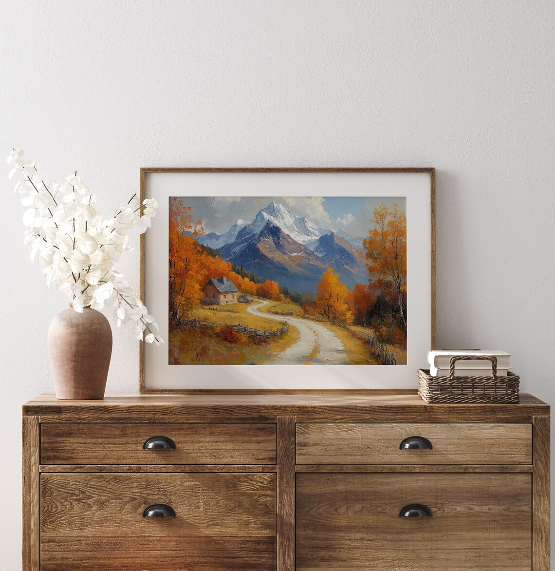 Cabin Autumn Forest Dirt Road Snowy Peak Oil Painting Poster - Image 3