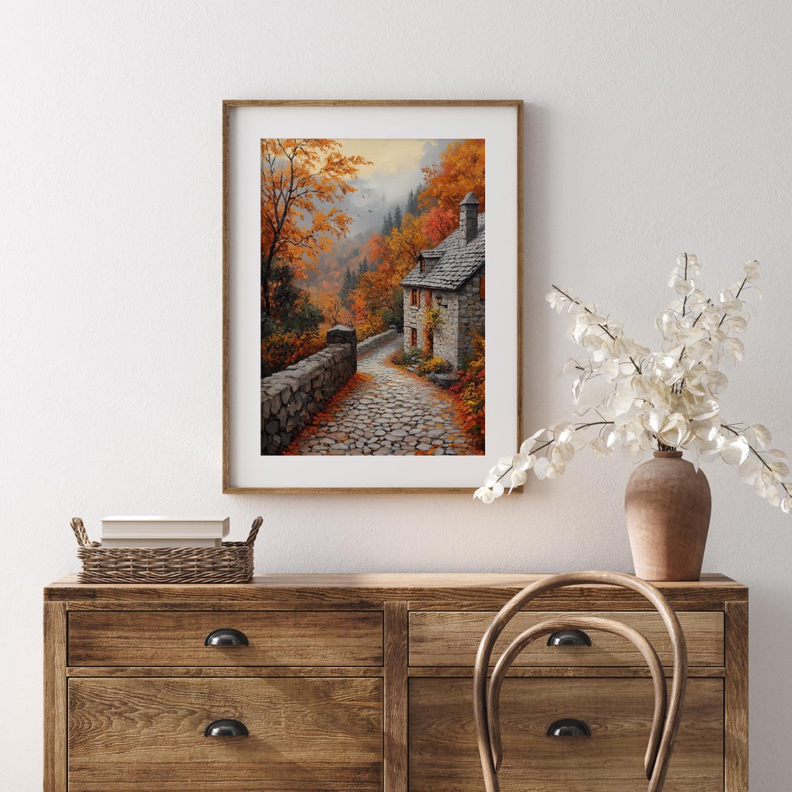Stone Cottage Autumn Lane Cobblestone Misty Hills Slate Roof Poster - Image 5