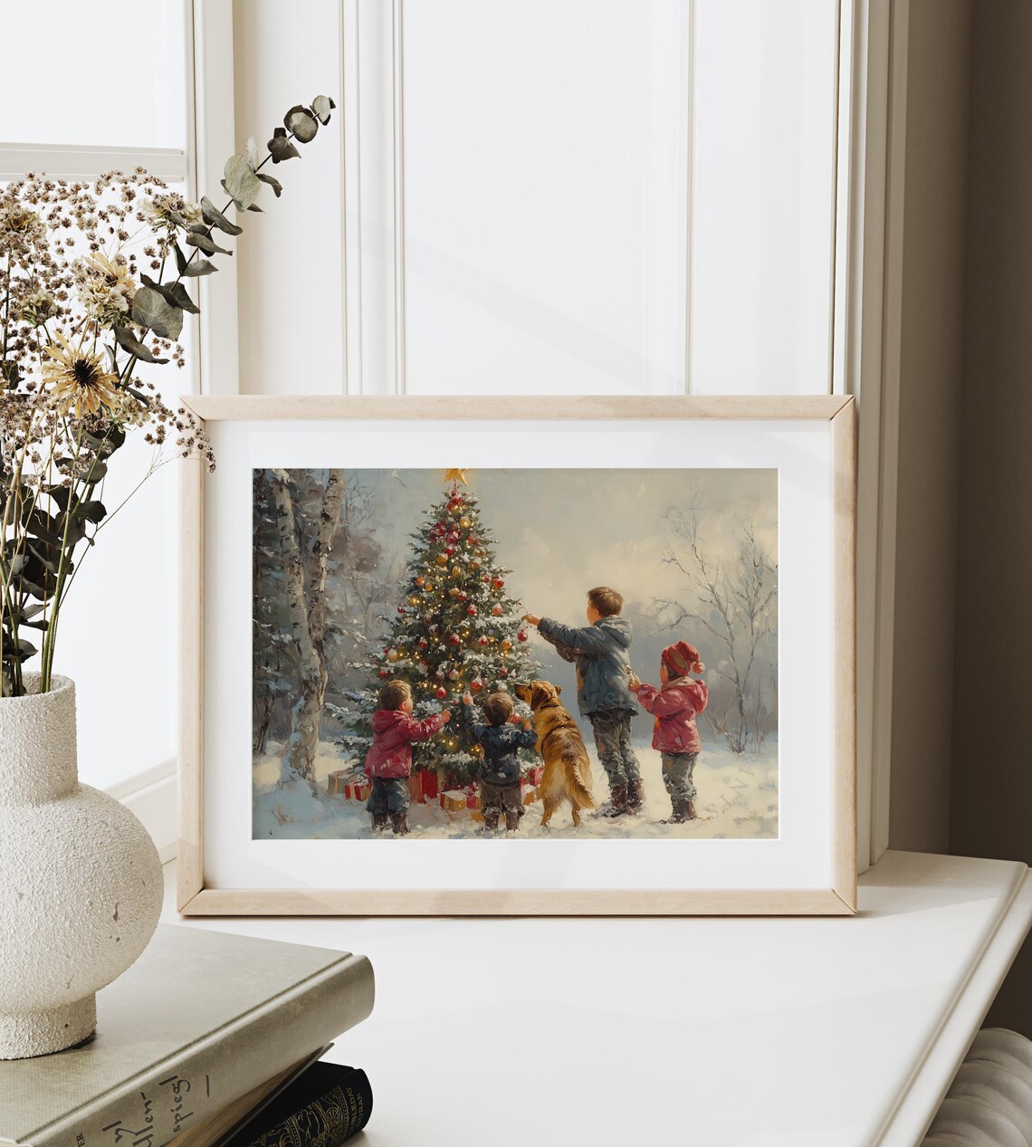 Children and Golden Retriever Decorating Outdoor Christmas Tree Poster - Image 6