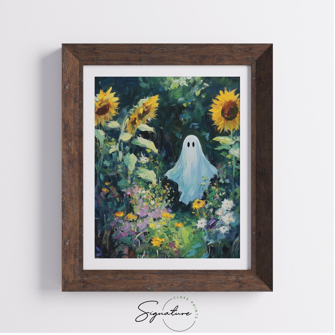 White Ghost Sunflower Garden Dark Green Wildflowers Art Poster - Image 4