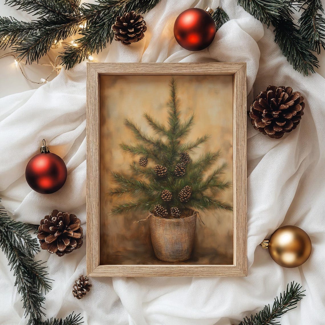 Potted Cedar Tree in Burlap Pot with Pinecones Vintage Style Poster - Image 4