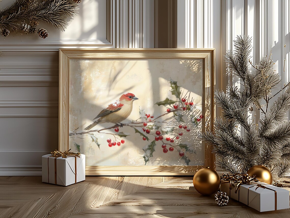 Rosy House Finch With Snowy Branches And Red Holly Winter Print - Image 6