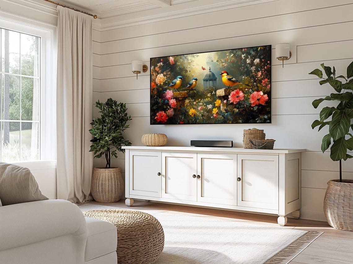 Goldfinch Trio Amid Spring Blooms Garden Gazebo Bird Wall Art - Image 3
