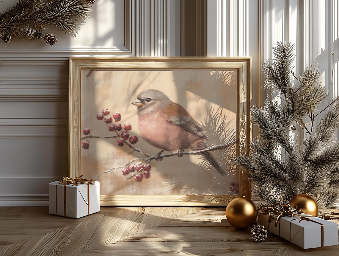 Gray Crowned Rosy Finch With Frosted Red Berries Winter Print - Image 6