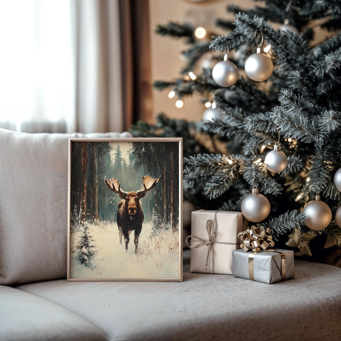Majestic Moose in Snowy Forest Winter Wildlife Oil Painting Print - Image 5