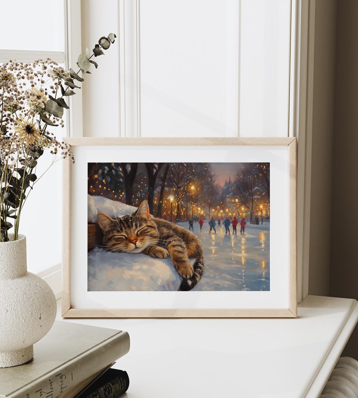 Sleeping Tabby Cat on Snowy Railing with Winter Ice Skaters Poster - Image 6