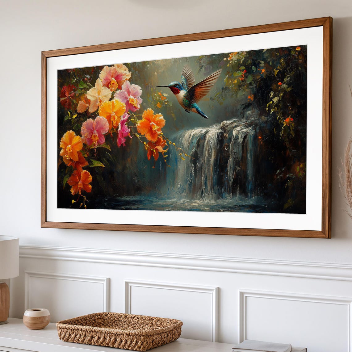 Hummingbird Near Vivid Orchid Blossoms By Misty Waterfall Poster - Image 2