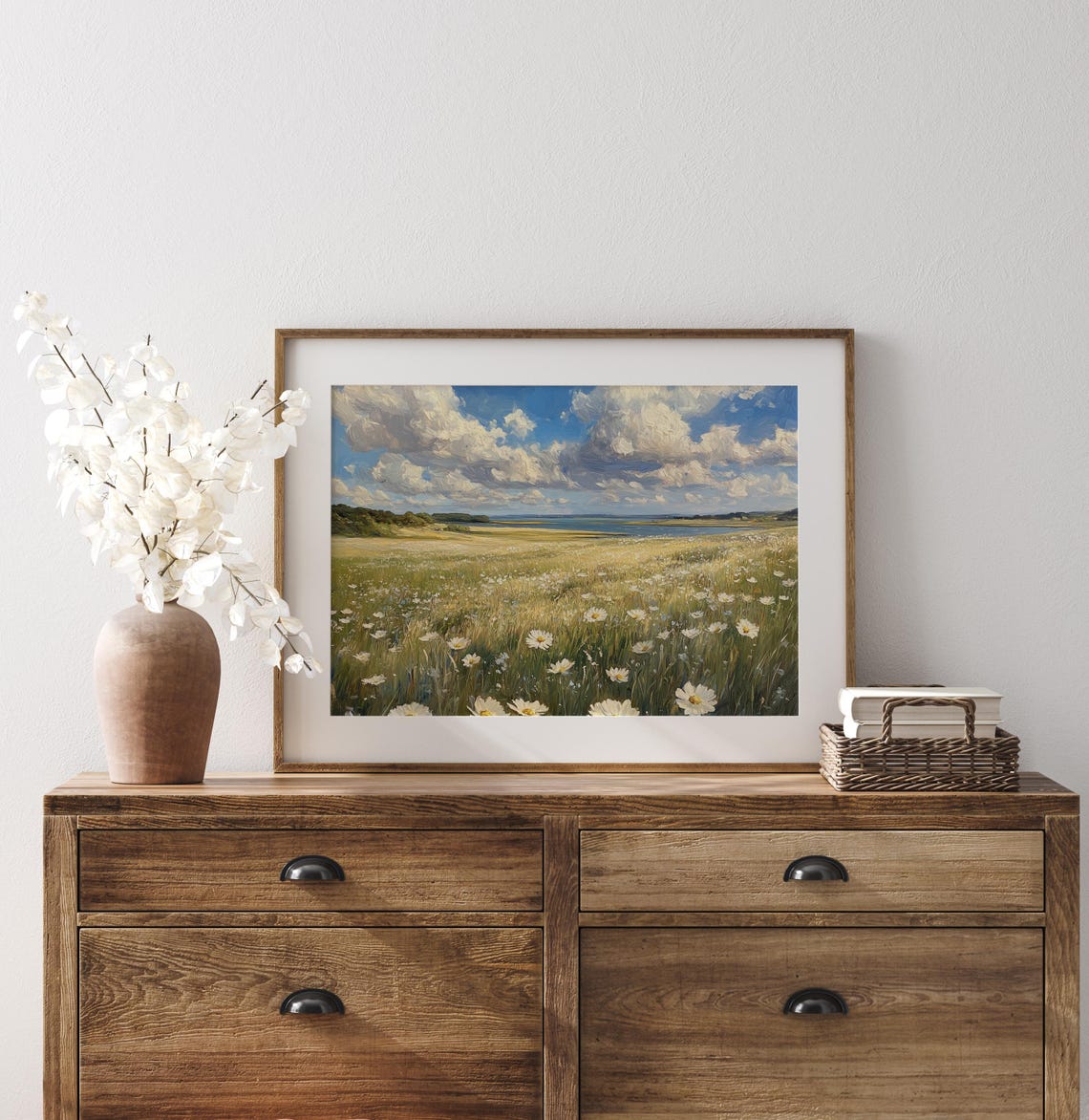 White Daisy Meadow Lakeside Dramatic Clouds Summer Wildflower Poster - Image 3