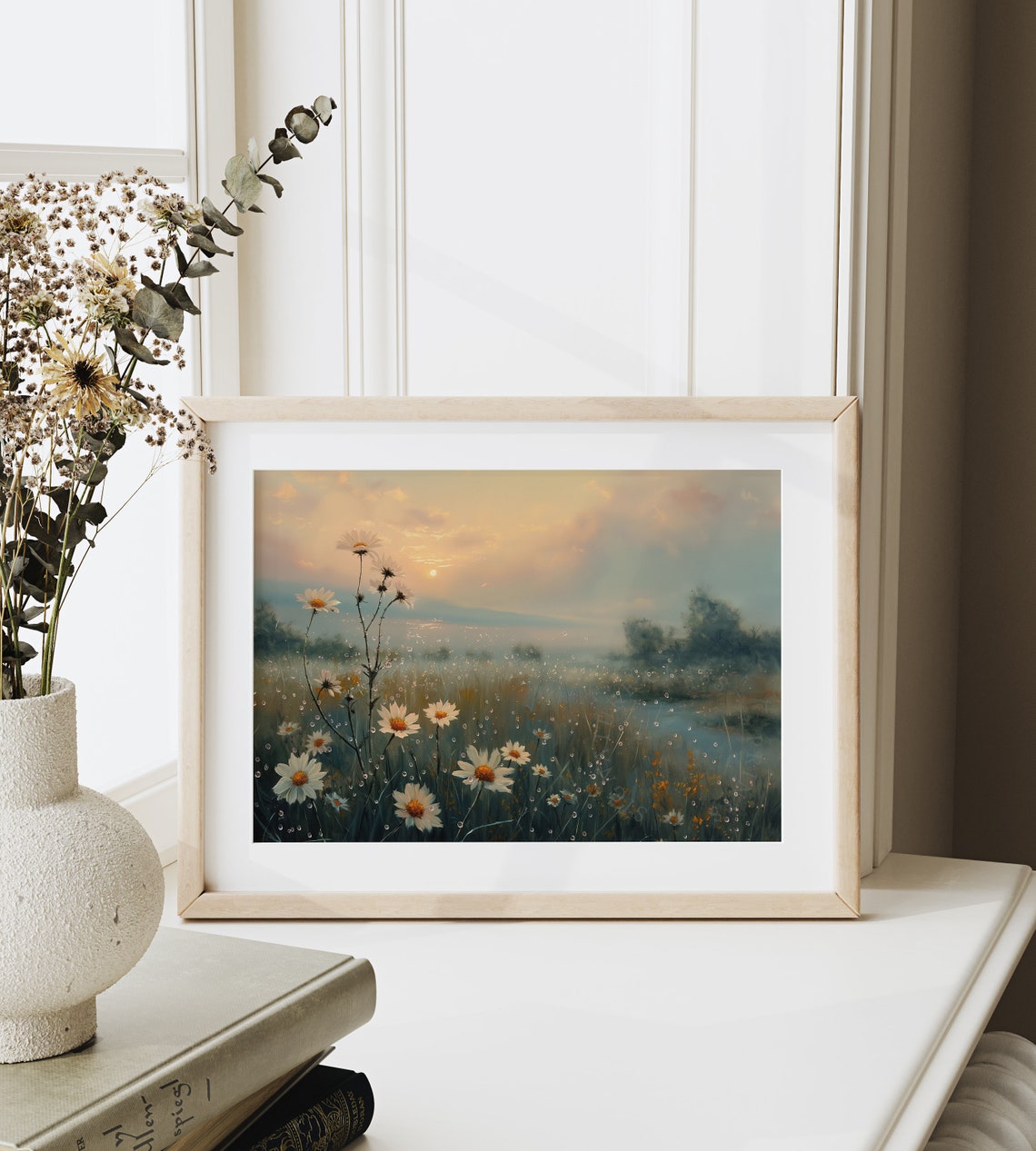Dewy White Daisies Dawn Misty Sunrise Meadow Soft Floral Nature Poster - Image 6