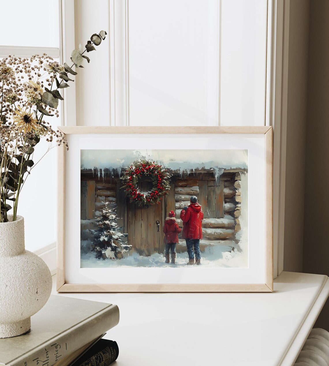 Couple At Cabin Door With Berry Wreath Snowy Christmas Poster - Image 6