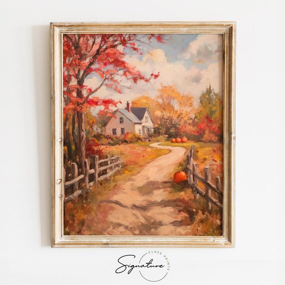 Autumn Country Lane with Farmhouse Split Fences and Pumpkins Poster
