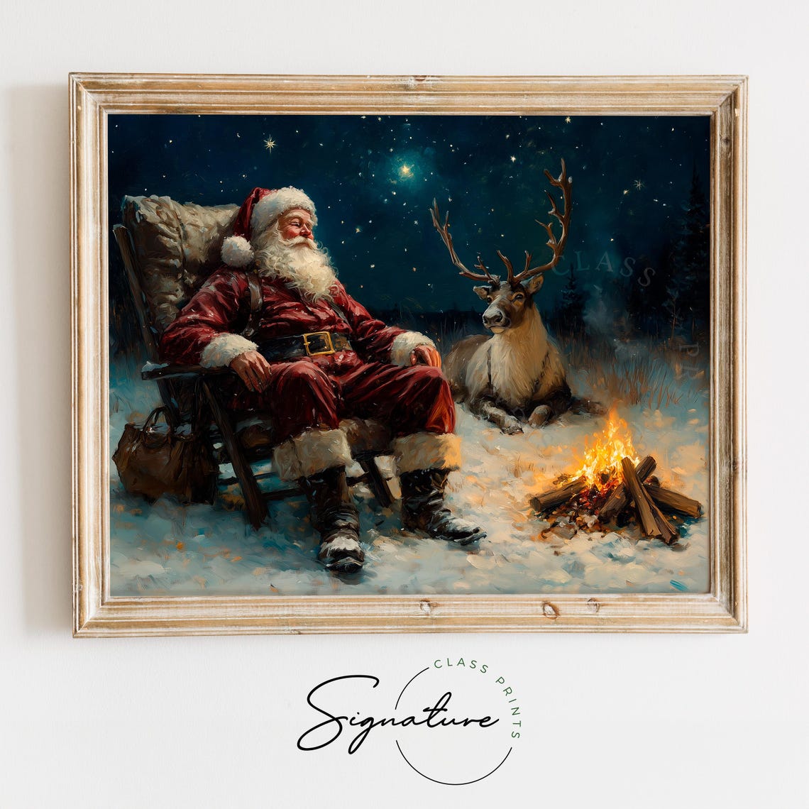 Santa Resting by Campfire With Reindeer Starry Night Scene Poster