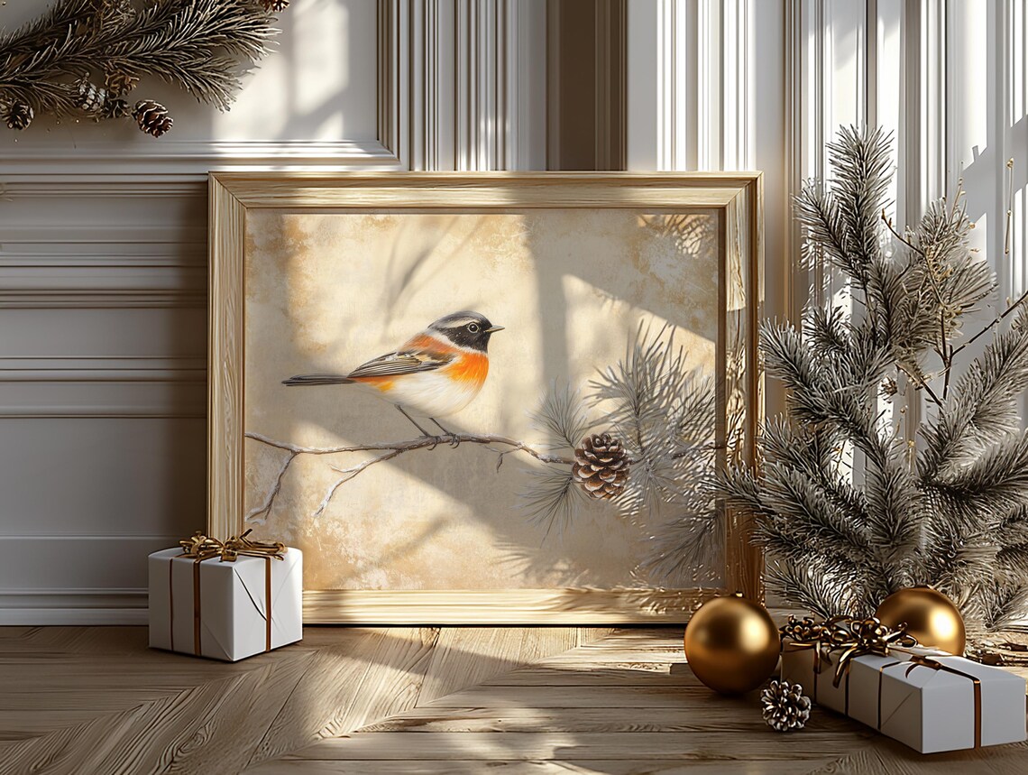 Common Redstart on Frosty Pine Branch Winter Bird Painting Poster - Image 6