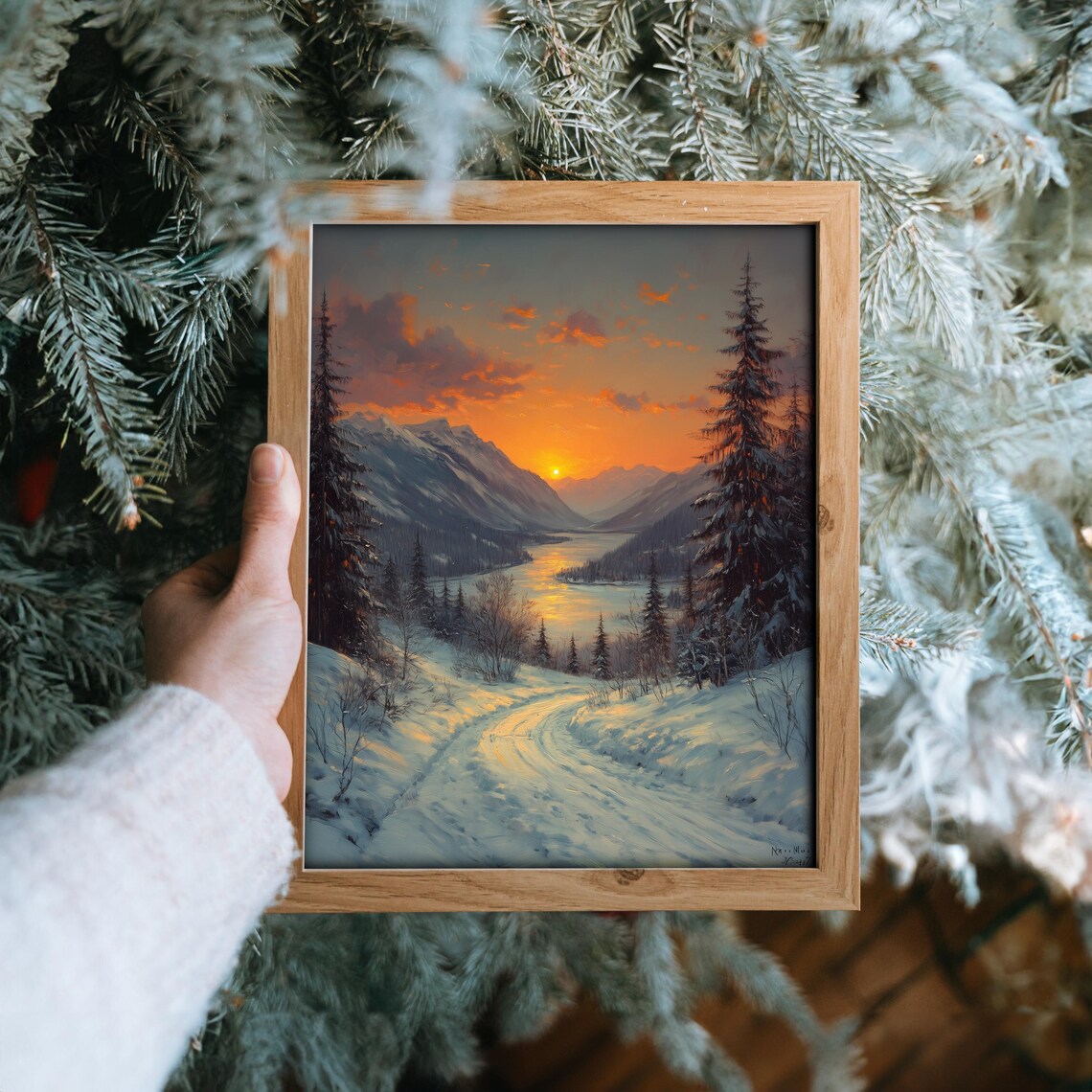 Sunset Reflecting On A Lake Between Snowy Peaks Oil Painting Style Poster - Image 6