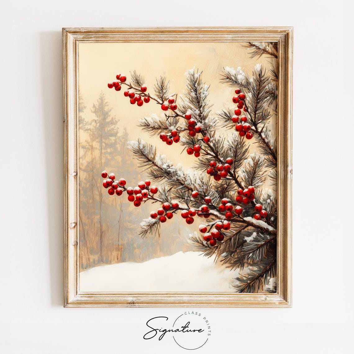 Red Winter Berries on Snow Dusted Pine Branches Botanical Poster