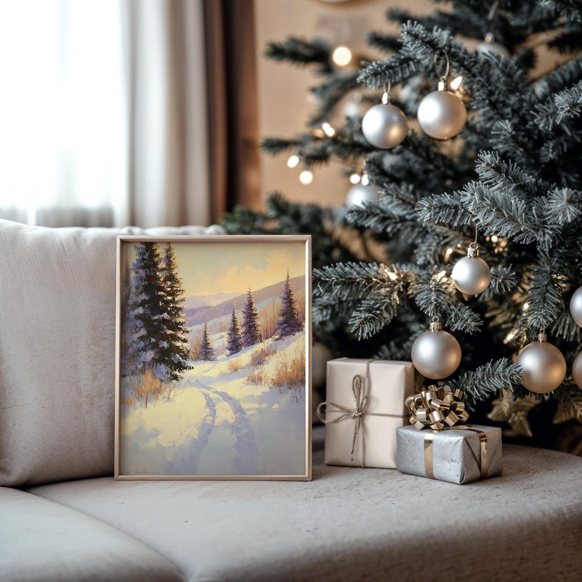 Golden Sunset Over Snowy Pine Hillside Winter Trail Scene Poster - Image 5