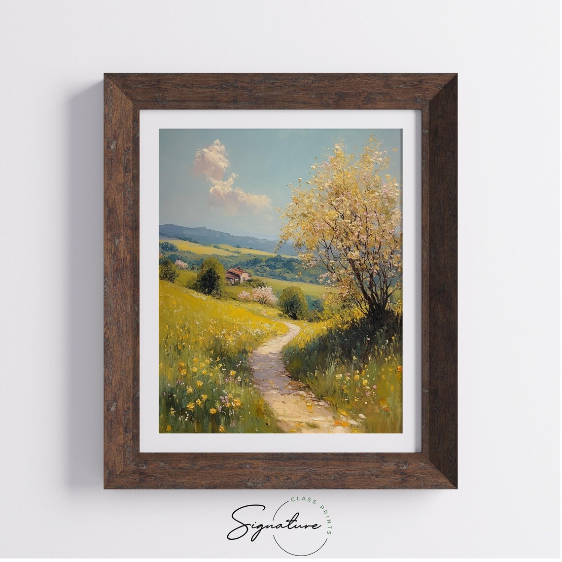 Sunny Hillside With Yellow Blossoms And A Cottage Trail Oil Painting Poster - Image 2