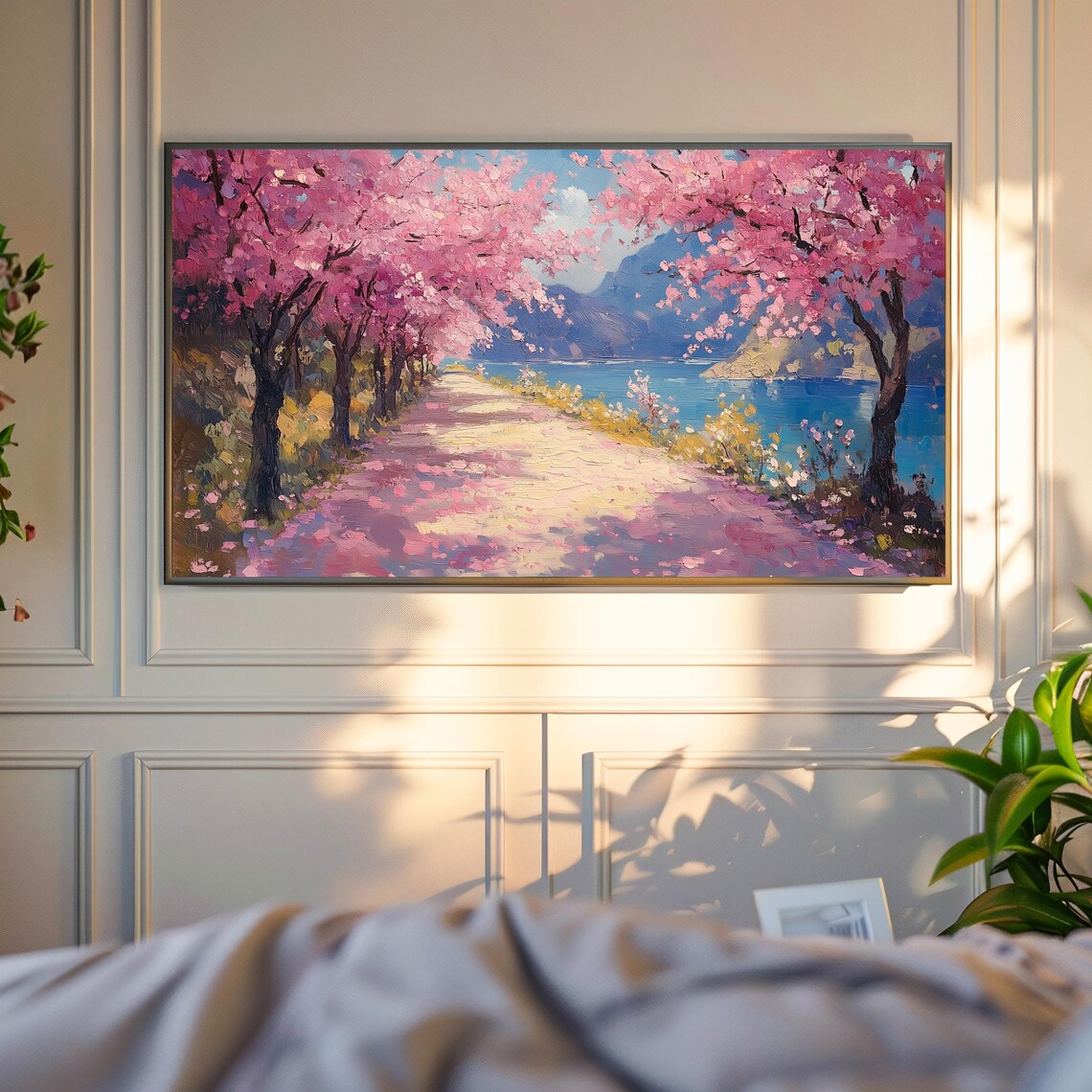 Cherry Blossom Tunnel Path To Blue Lake Impasto Landscape Poster - Image 4