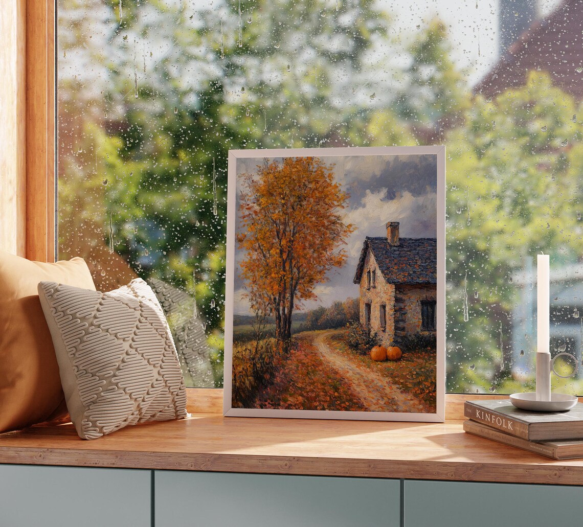 Old Stone Cottage With Two Pumpkins Beside a Leaf Covered Fall Lane Poster - Image 2