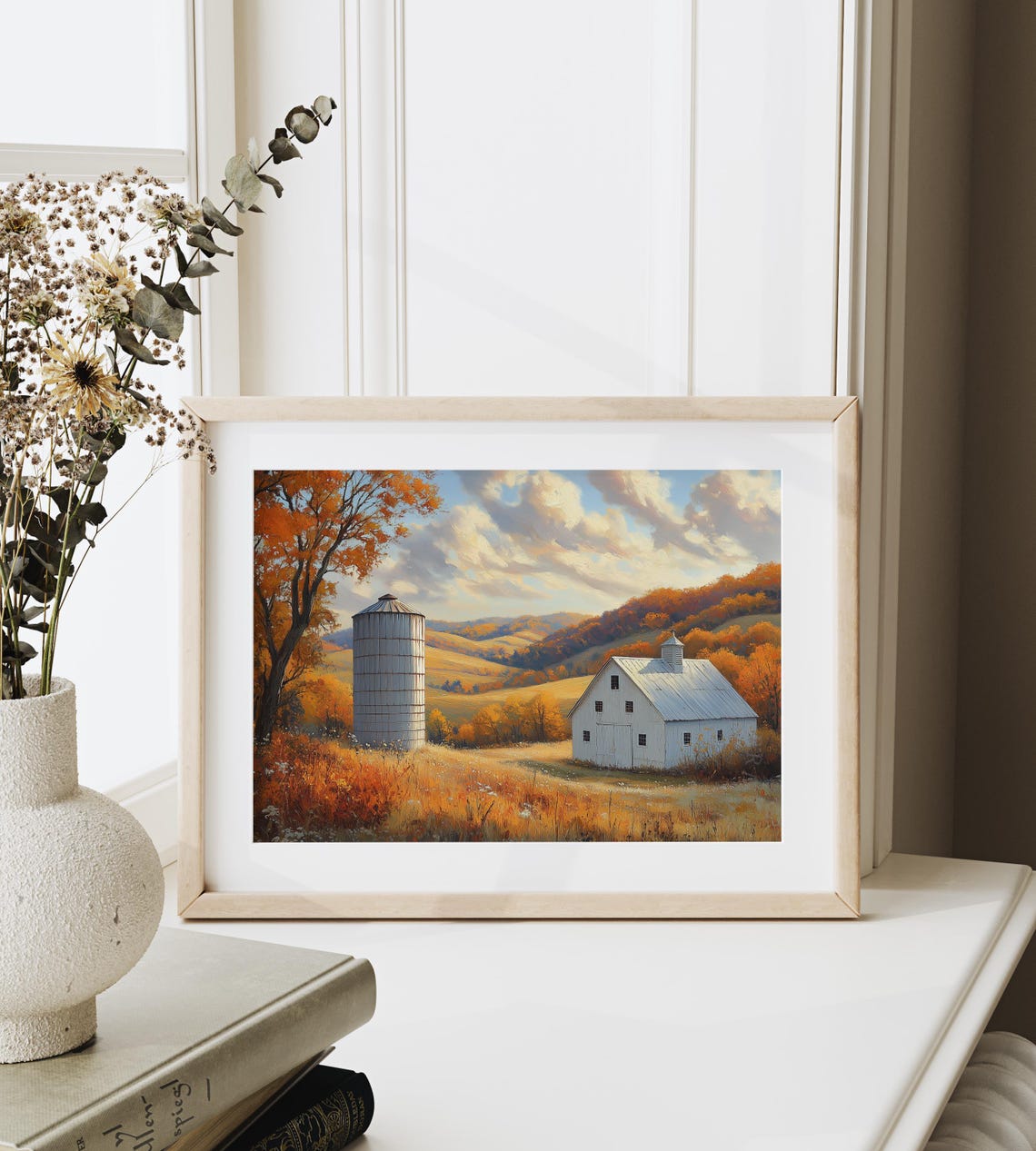 White Barn Silo Autumn Rolling Hills Fall Farmhouse Landscape Wall Art - Image 6