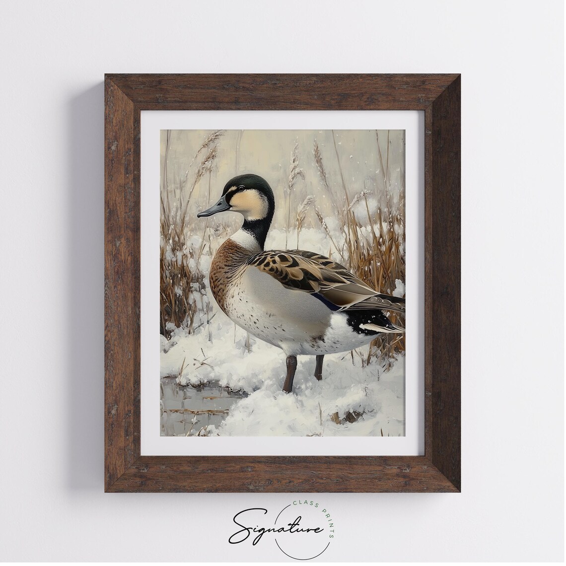 Duck Standing in Snowy Marsh Reeds Winter Wildlife Scene Art Poster - Image 2