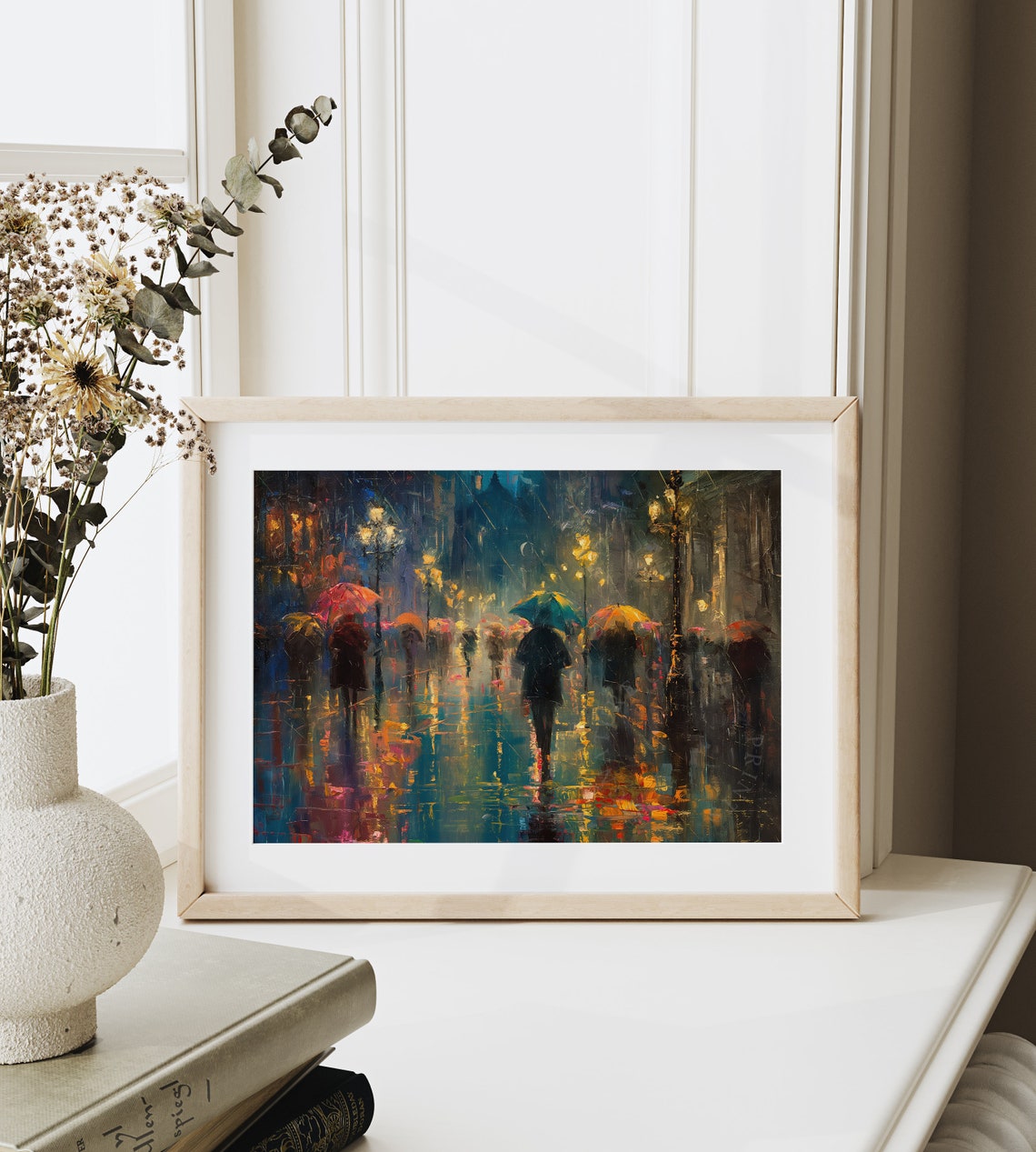 Rainy City Square At Night With Umbrellas Impressionist Poster - Image 6