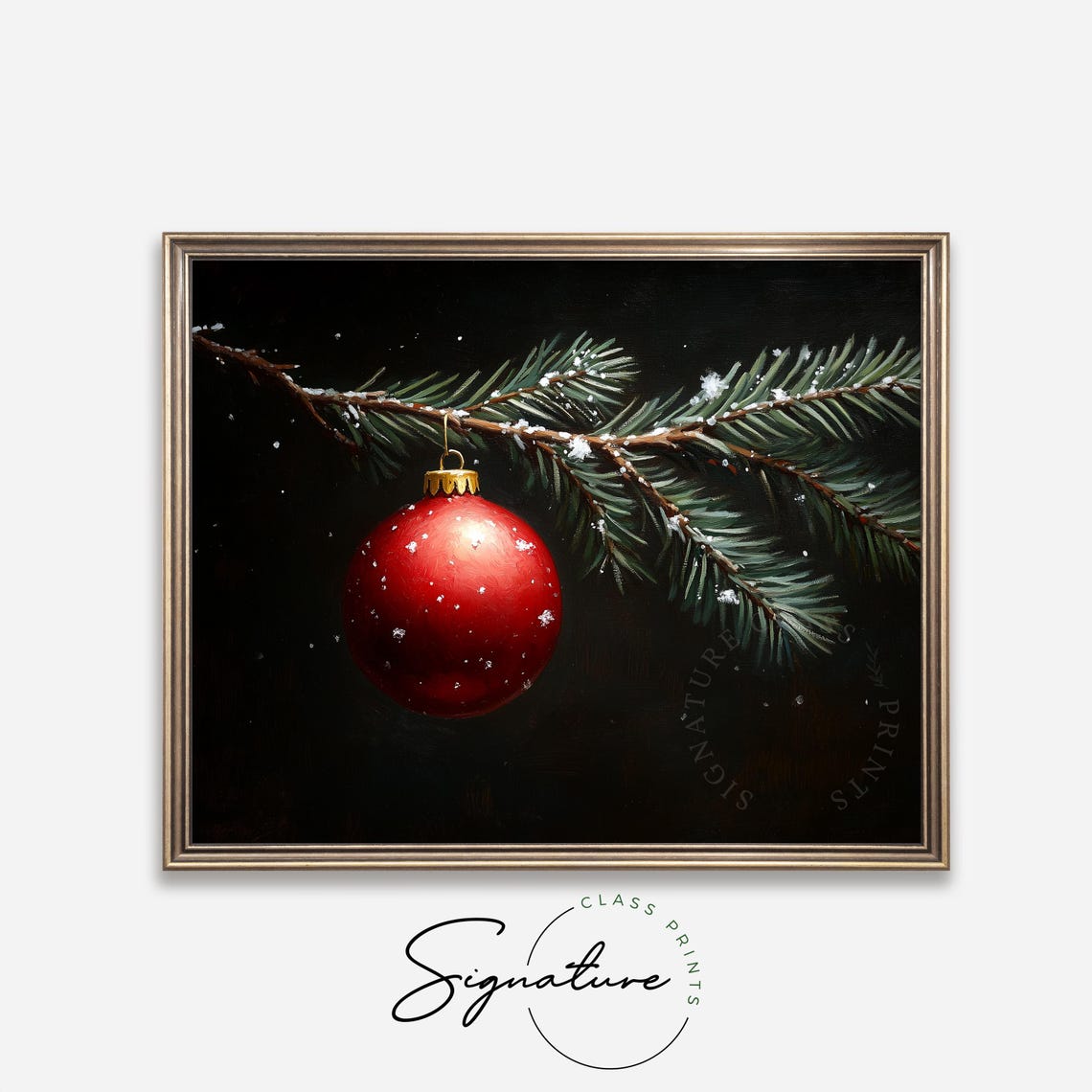 Red Christmas Bauble Hanging From A Snowy Pine Branch Art Poster - Image 4