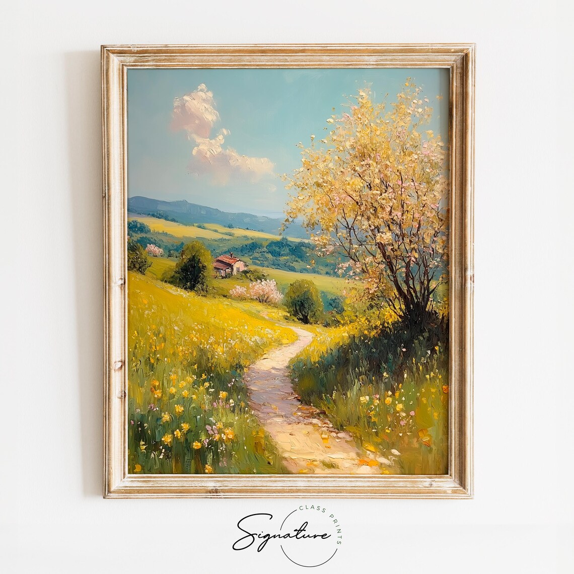 Sunny Hillside With Yellow Blossoms And A Cottage Trail Oil Painting Poster
