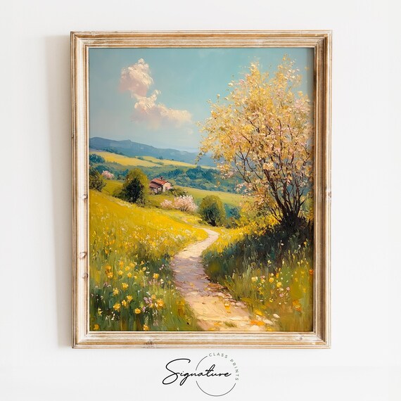 Sunny Hillside With Yellow Blossoms And A Cottage Trail Oil Painting Poster