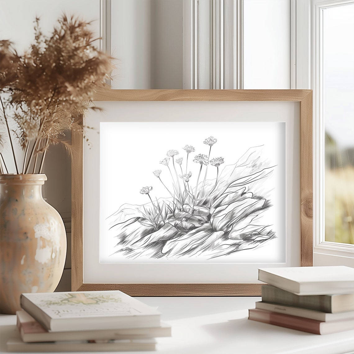 Wildflowers Among Rocks Pencil Sketch Minimalist Botanical Poster - Image 2