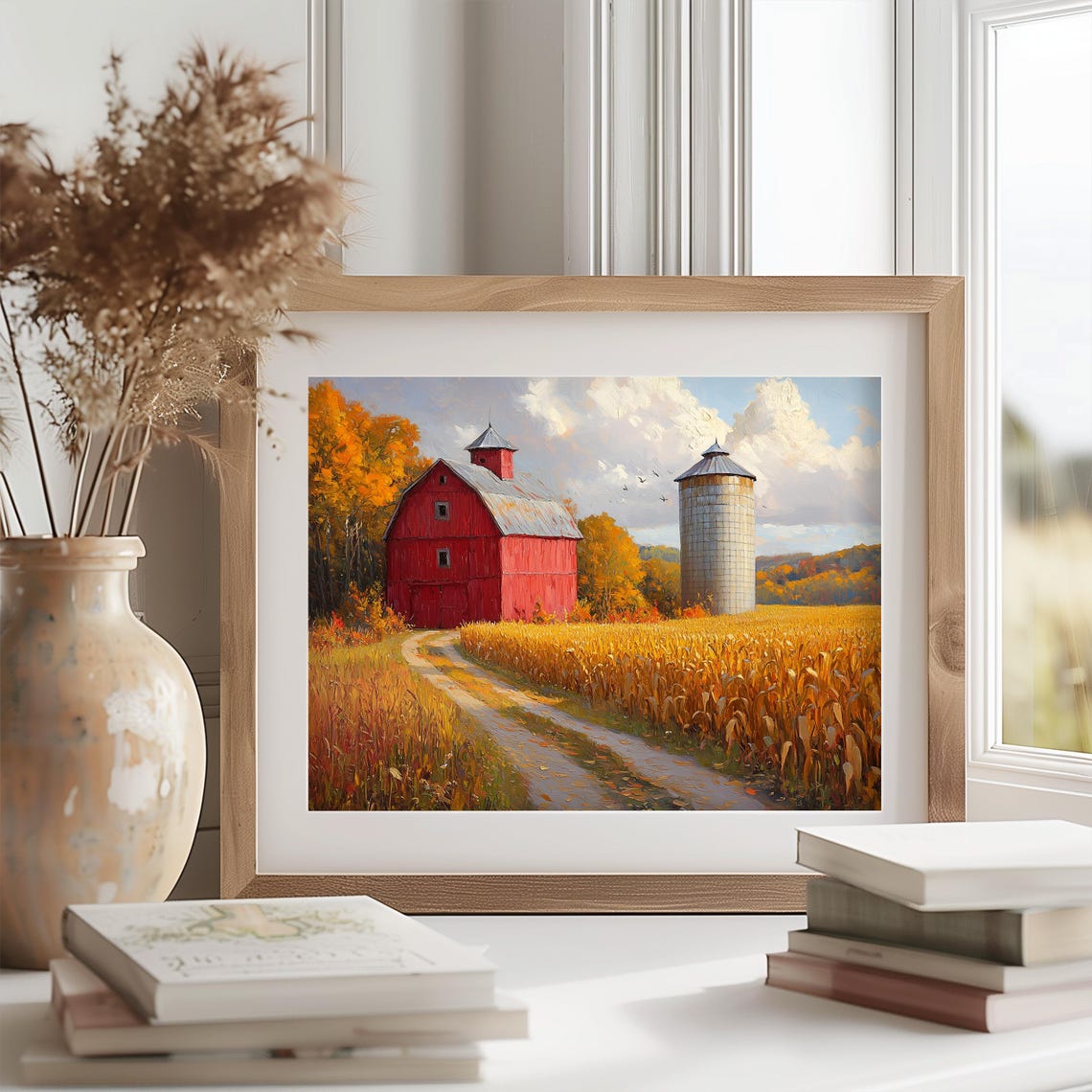 Red Barn Silo Cornfield Autumn Farm Rustic Fall Harvest Wall Art - Image 2