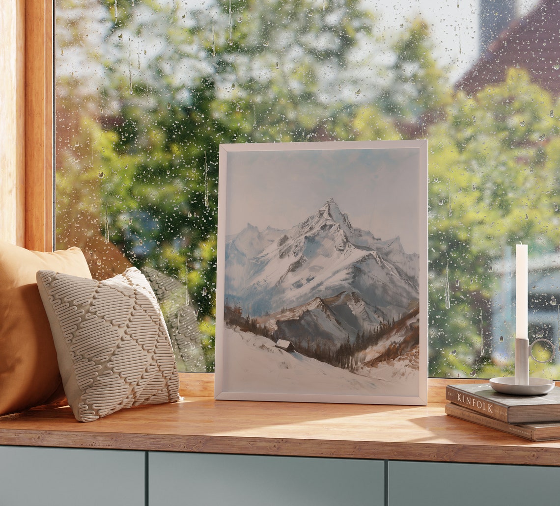 Snow Covered Mountain Peak Cabin Blue Winter Scenic Art Poster - Image 2