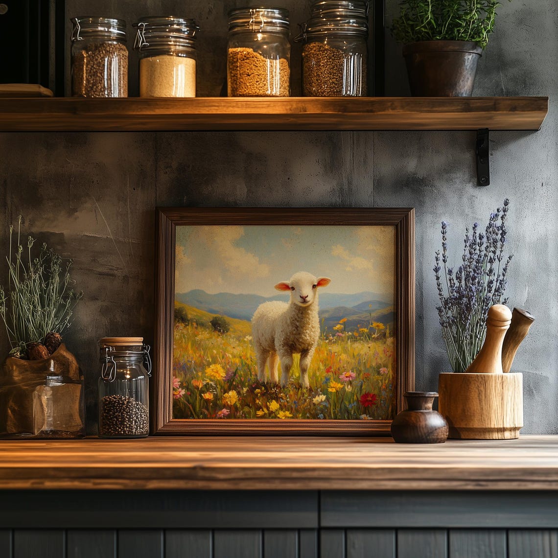 White Lamb Standing in Wildflower Field Mountain View Spring Poster - Image 2