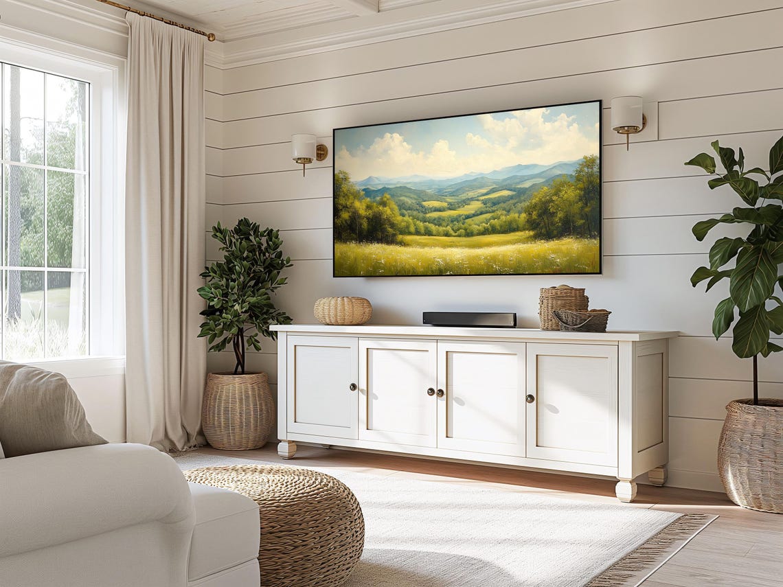 Golden Meadow Valley Rolling Green Hills Hazy Blue Mountains Wall Art - Image 5