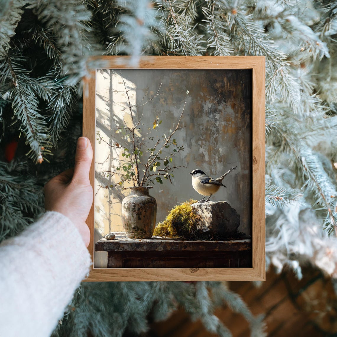 Small Winter Bird on a Mossy Rock With Rustic Vase Still Life Poster - Image 6