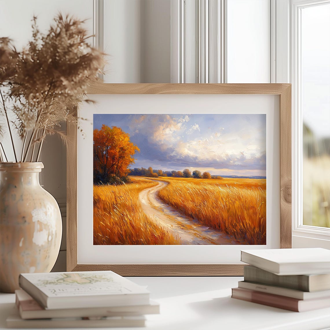 Golden Wheat Field Winding Path Sunset Prairie Painting Print - Image 2