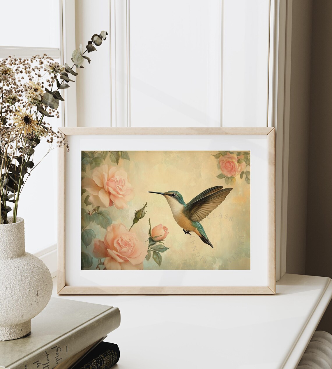Hummingbird Among Peach Roses Vintage Floral Bird Art Poster - Image 4