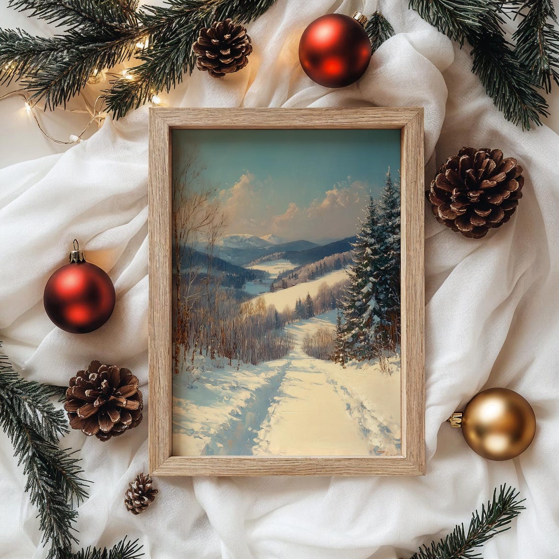 Snowy Evergreen Valley under Teal Sky with Winding Trail Poster - Image 4