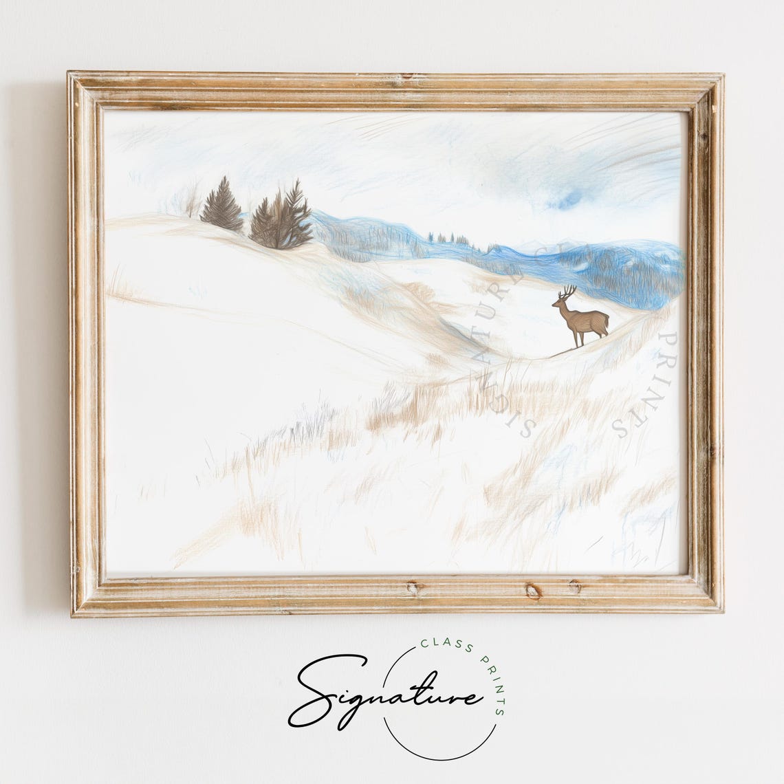 Lone Deer On A Vast Snowy Hillside Soft Winter Sketch Poster