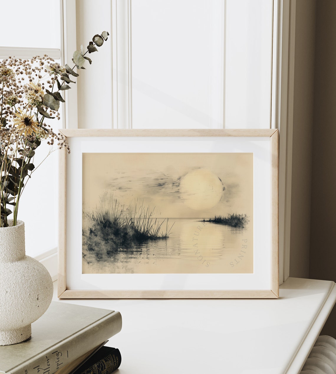 Quiet Lake At Dawn With Reeds Soft Charcoal Sketch Poster Art - Image 6